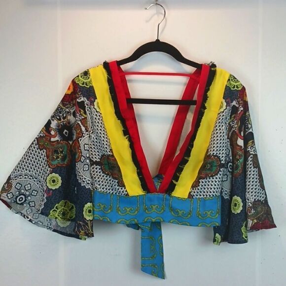 kimono sleeve boho Tribal cropped V-neck/back multicolored with Fringe top sz S - Picture 3 of 10